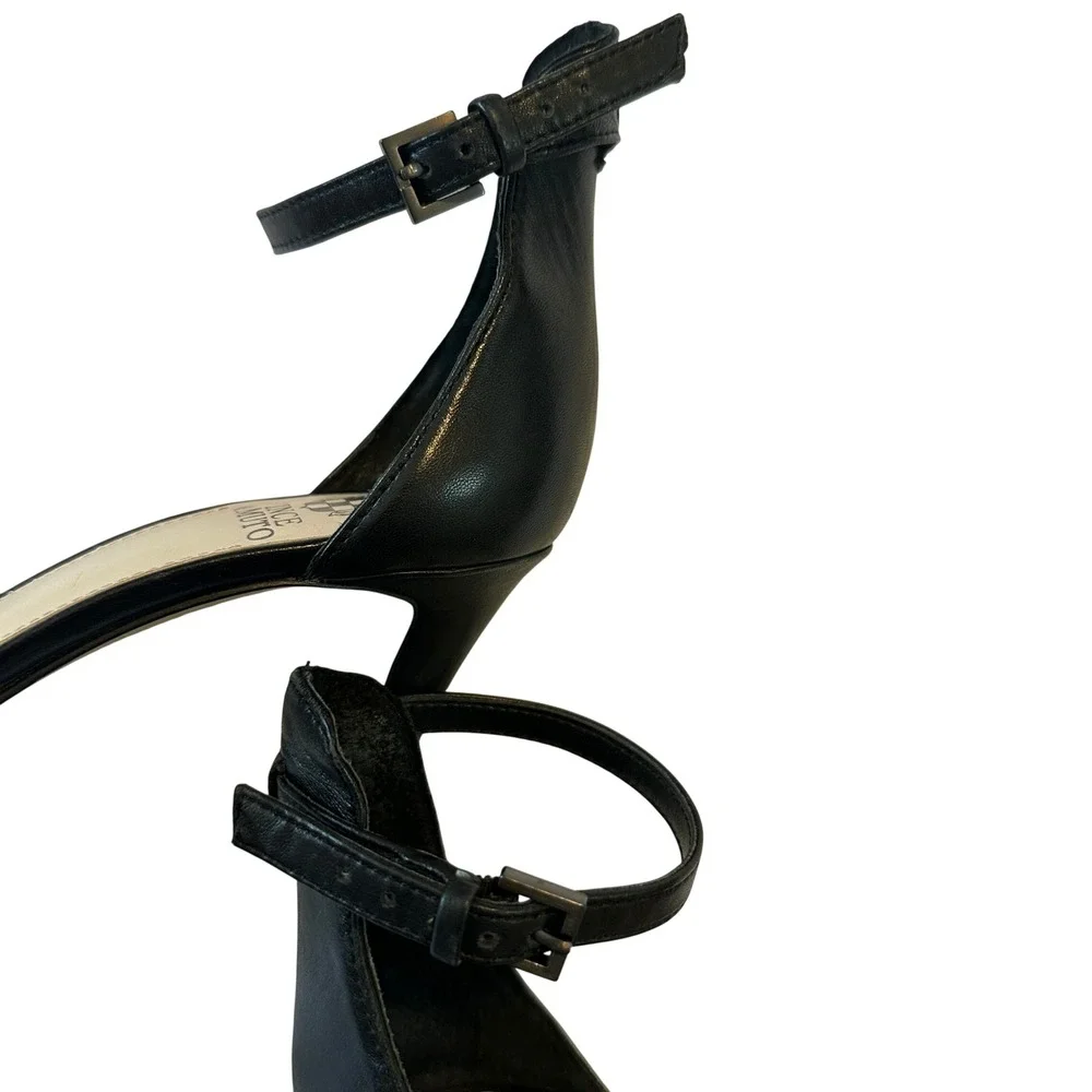 Vince Camuto Black Leather Ankle Strap Stiletto Heels Open Toe Womens 7M 37